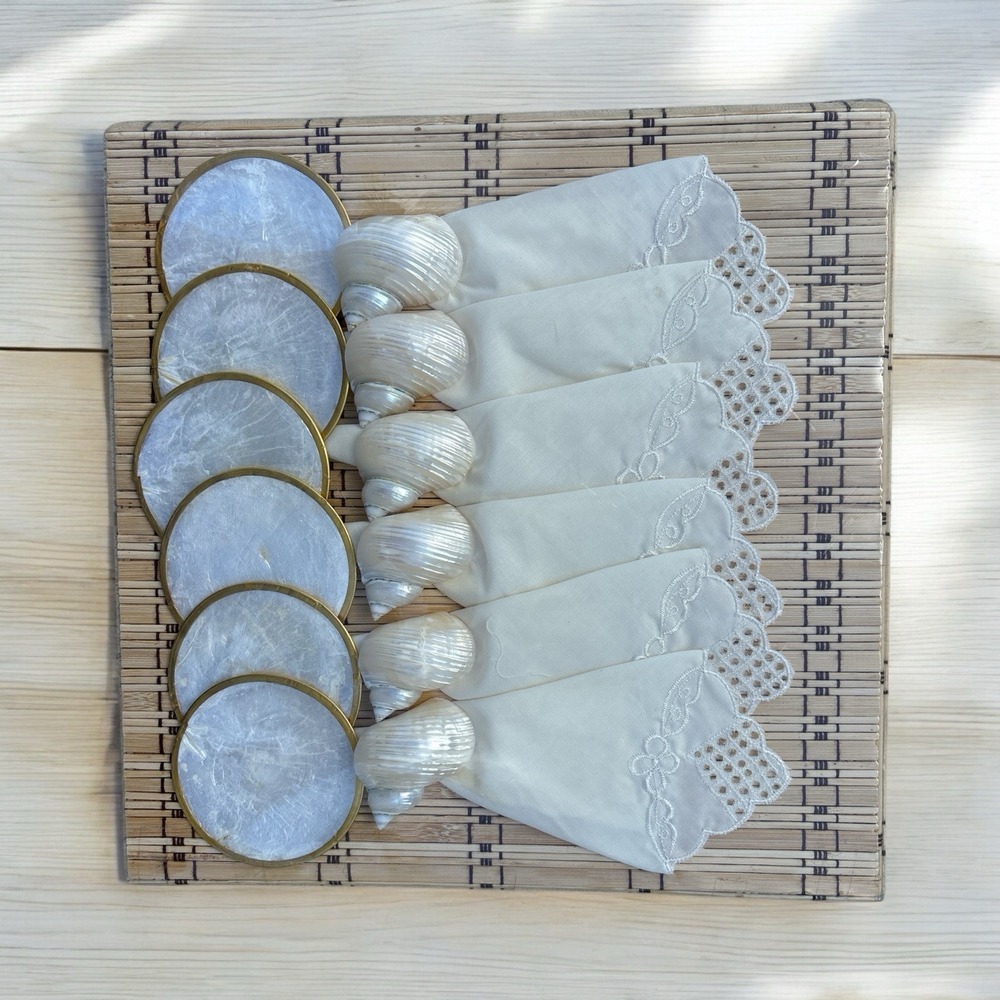 VTG 6pc Bamboo Placemat Set: Embroidered Napkins with Capiz Rings & Coasters NOS